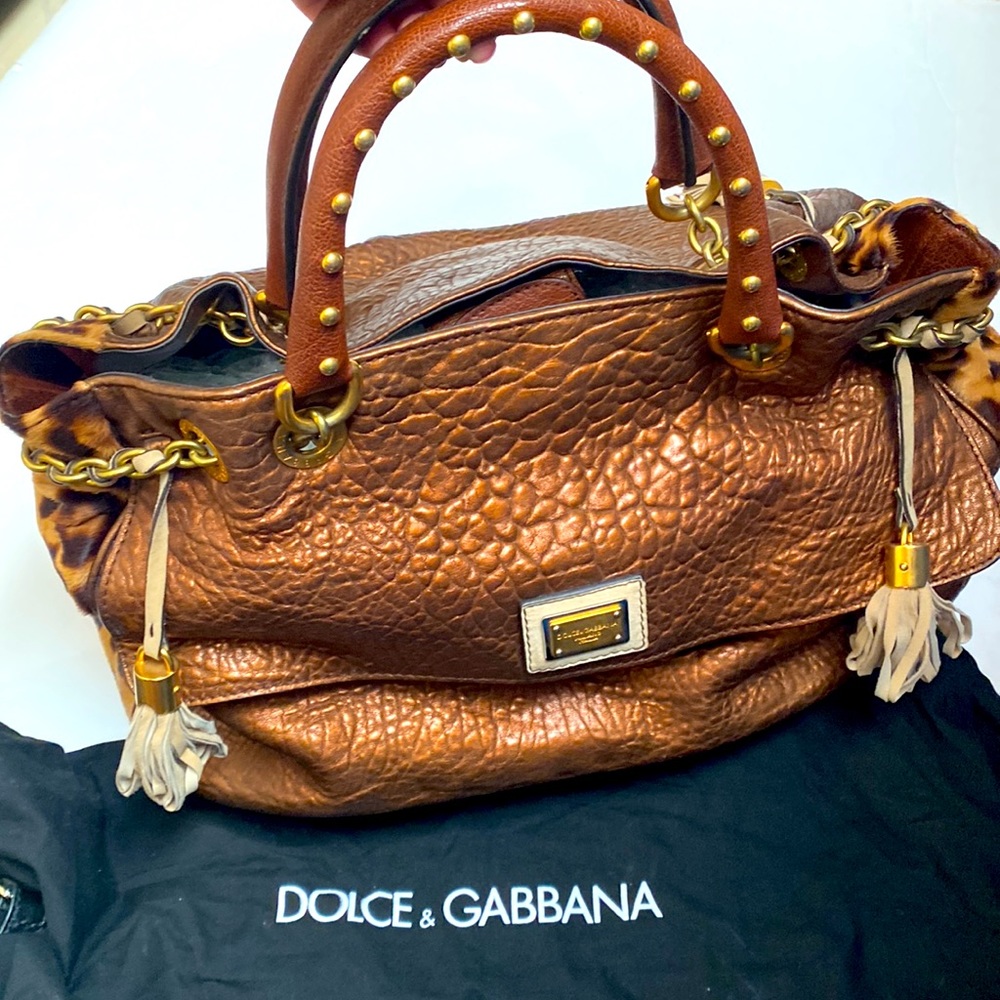 RARE Dolce & Gabbana Leopard Metallic Brown Studded Handbag Fringe Shoulder Bag